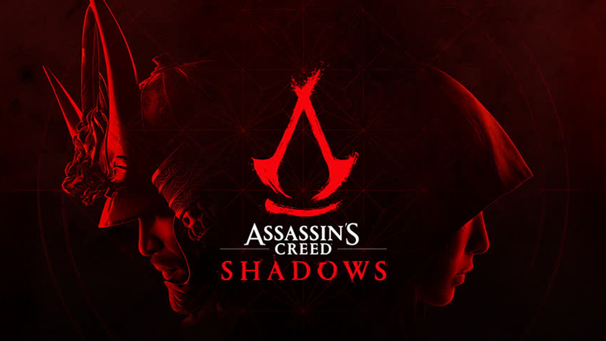 Image with a dark background showing Yasuke and Naoe in profile outlined in red, with the Assassin's Creed Shadows logo in the middle.