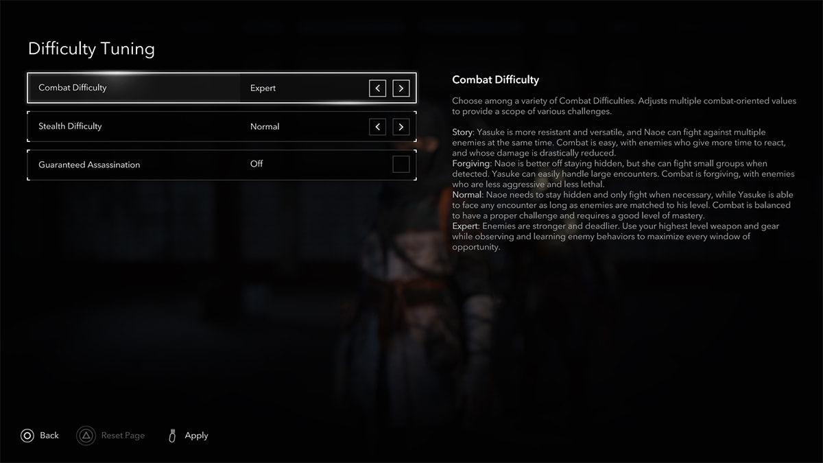 Image of the Combat difficulty settings in Assassin's Creed Shadows.