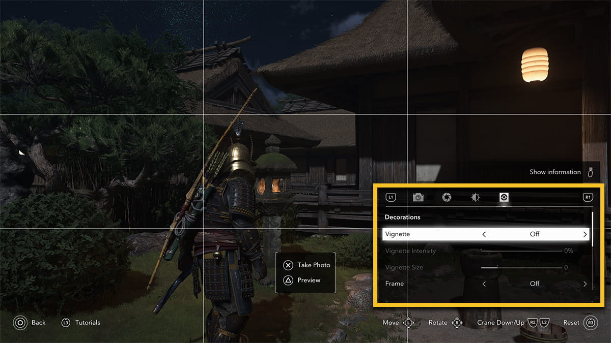 Image of the Photo Mode Decorations settings in Assassin's Creed Shadows.