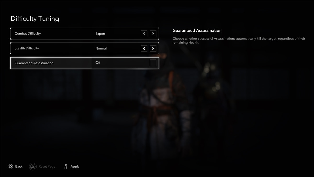 Image of the Guaranteed Assassination difficulty settings in Assassin's Creed Shadows.