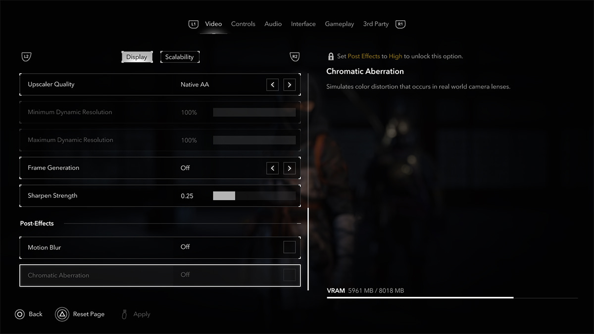 Image of the display settings tab in Video settings of Assassin's Creed Shadows.