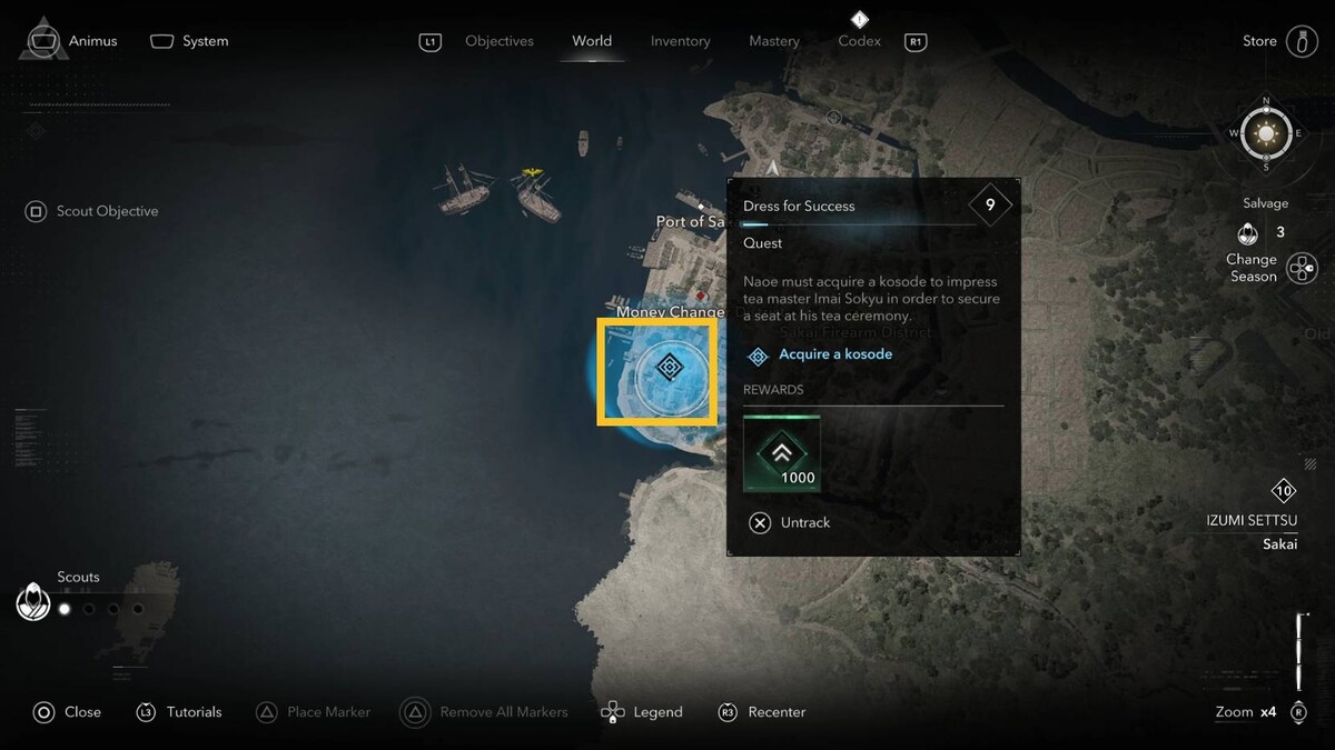 Assassin's Creed Shadows Dress for Success: kosode merchant on the map.