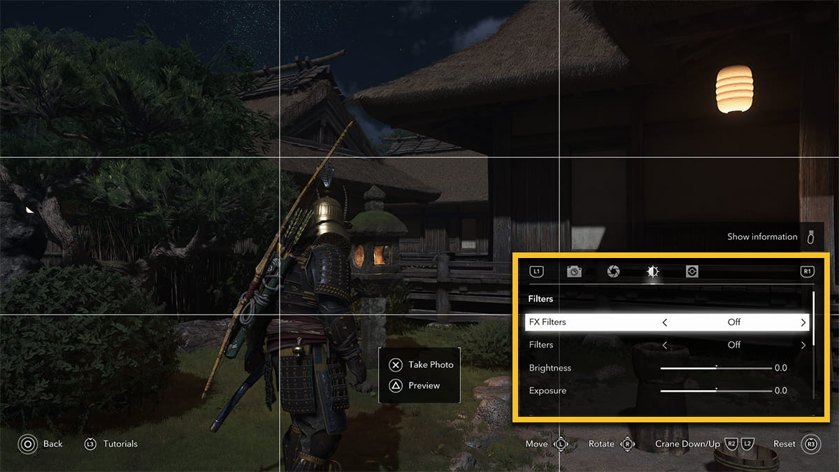 Image of the Photo Mode Filters settings in Assassin's Creed Shadows.