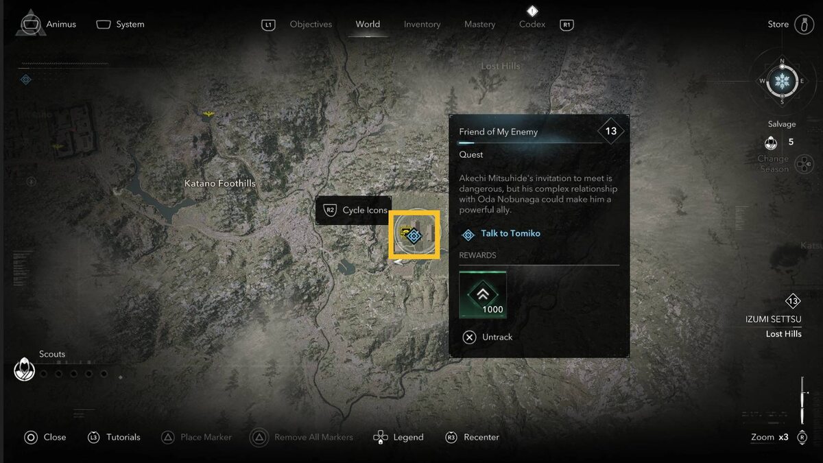 Assassin's Creed Shadows Friend of my Enemy: Hideout on the map.