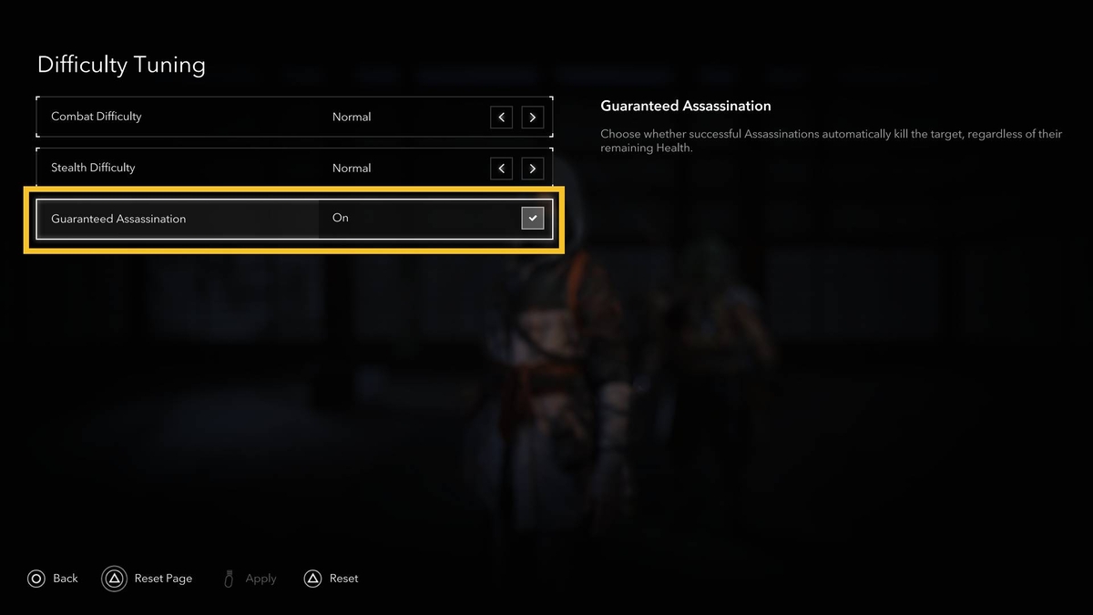 Assassin's Creed Shadows guaranteed assassination: options menu.