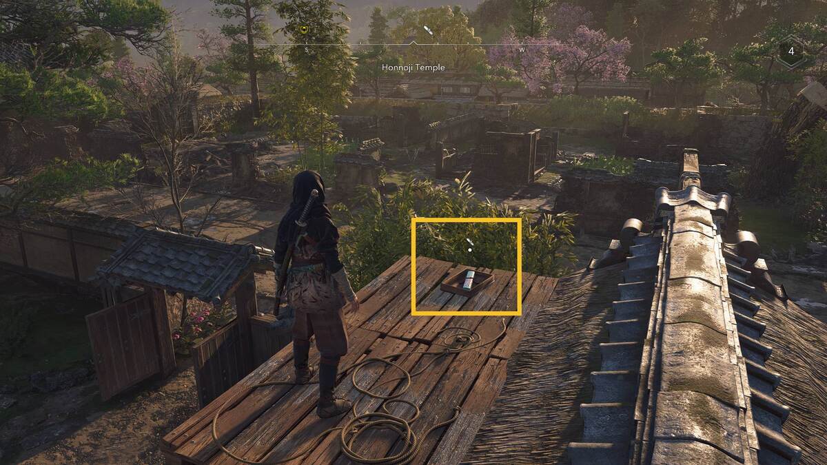Assassin's Creed Shadows Honnoji Temple Lost Pages: Naoe on a roof.