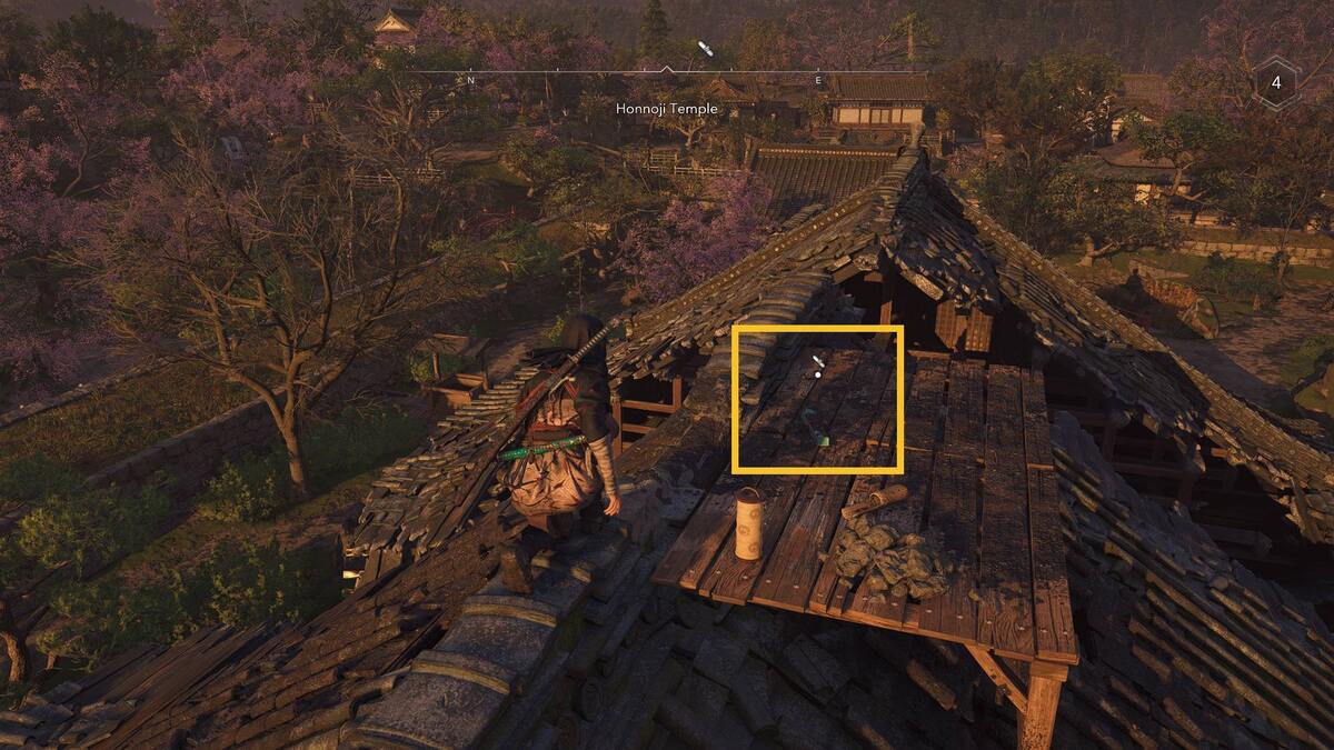 Assassin's Creed Shadows Honnoji Temple Lost Pages: Naoe on a roof.