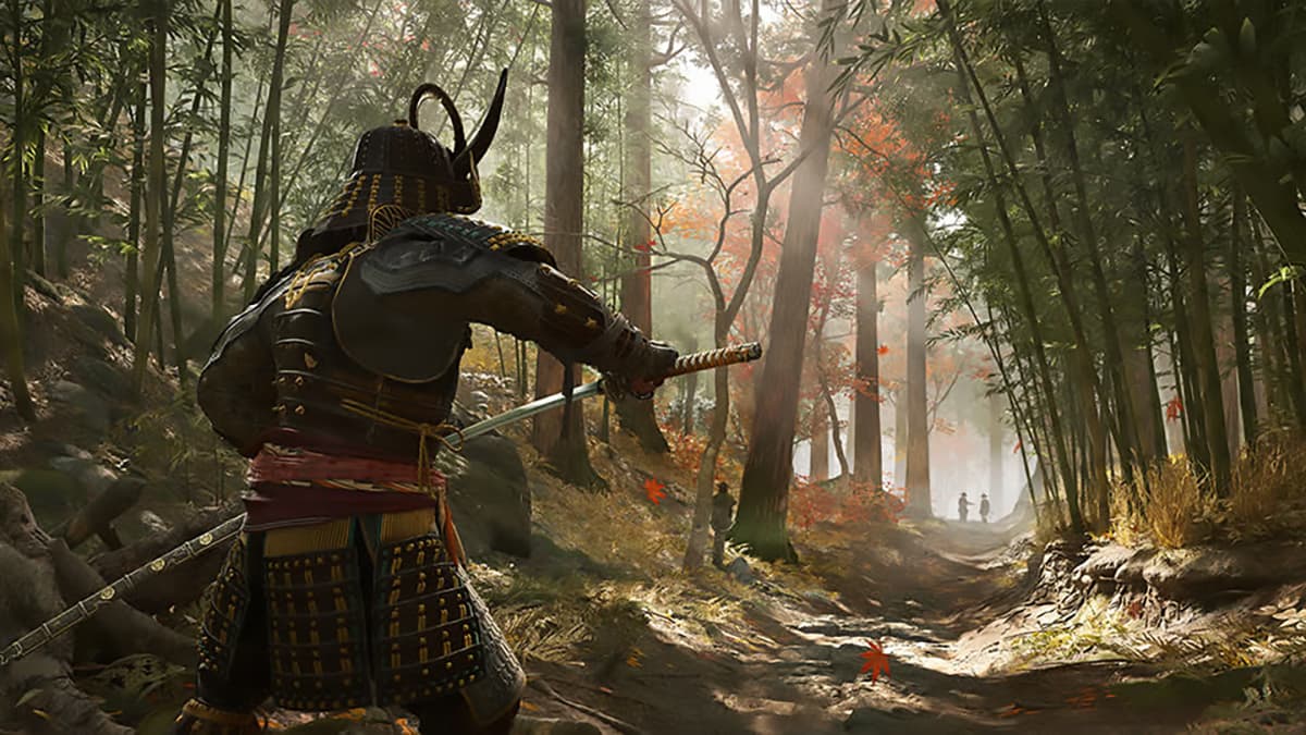 Image of Yasuke drawing a katana on a wooded road in Assassin's Creed Shadows.