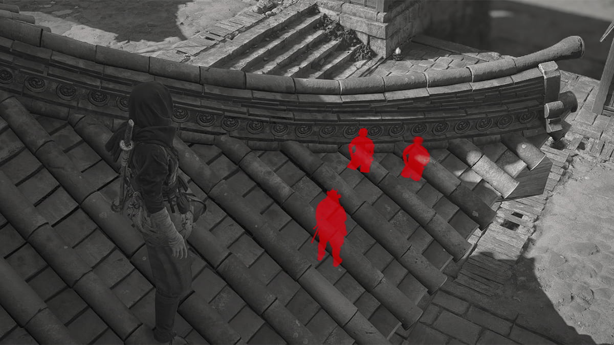 Image of Naoe using Eagle Vision to spot enemies in Assassin's Creed Shadows. The screen is grayscale, with enemies represented in red.