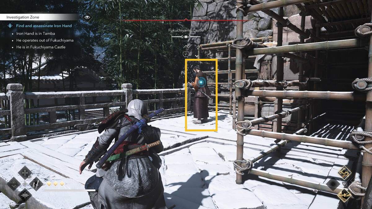 Assassin's Creed Shadows Iron Hand Guild: Iron Hand on a balcony.
