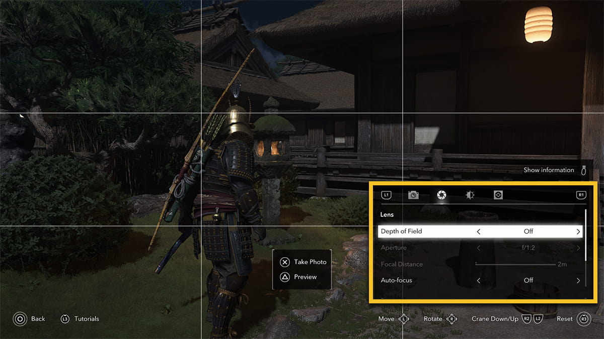 Image of the Photo Mode Lens settings in Assassin's Creed Shadows.
