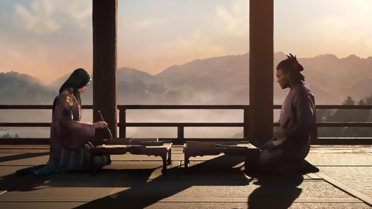 Image of Yasuke practicing calligraphy with another character on a wooden balcony in Assassin's Creed Shadows.