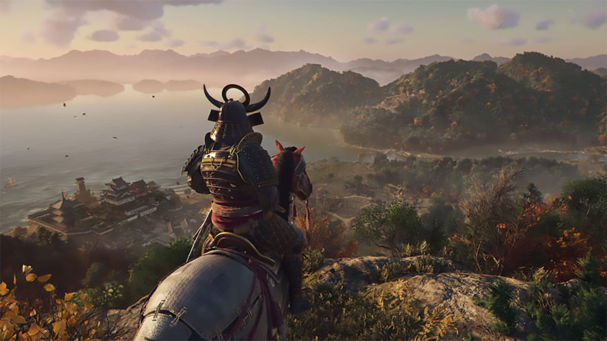 Image of Yasuke on horseback surveying a coastal town in Assassin's Creed Shadows.