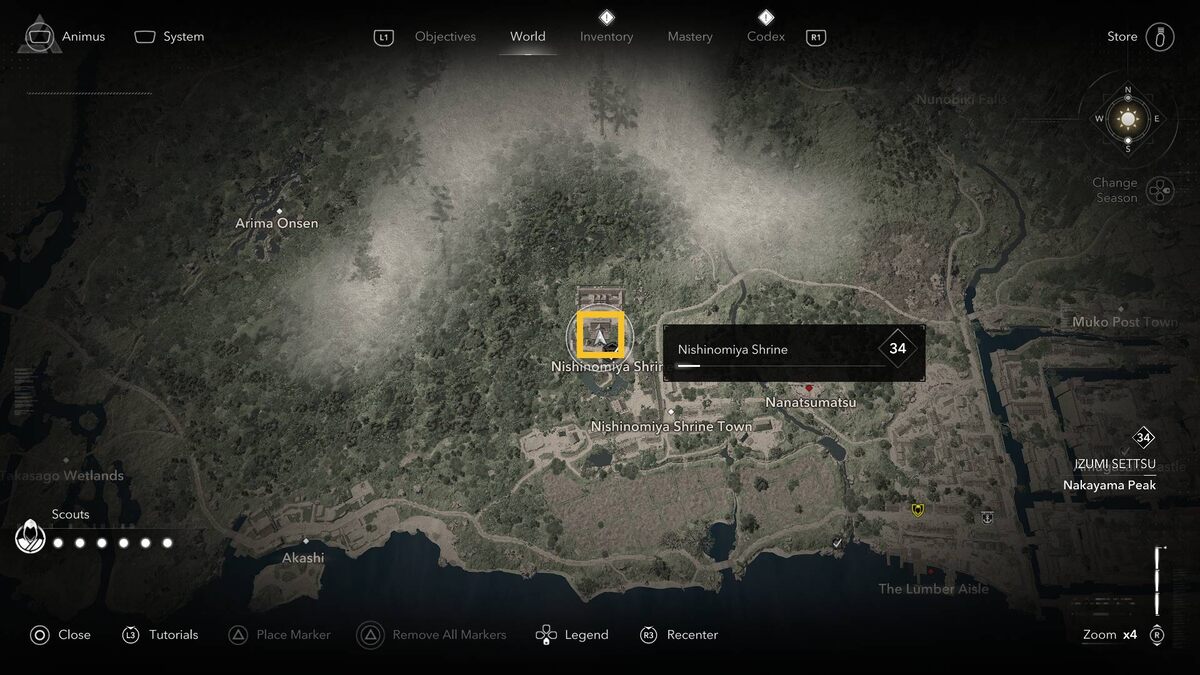Assassin's Creed Shadows Nishinomiya Shrine: shrine location on the map.