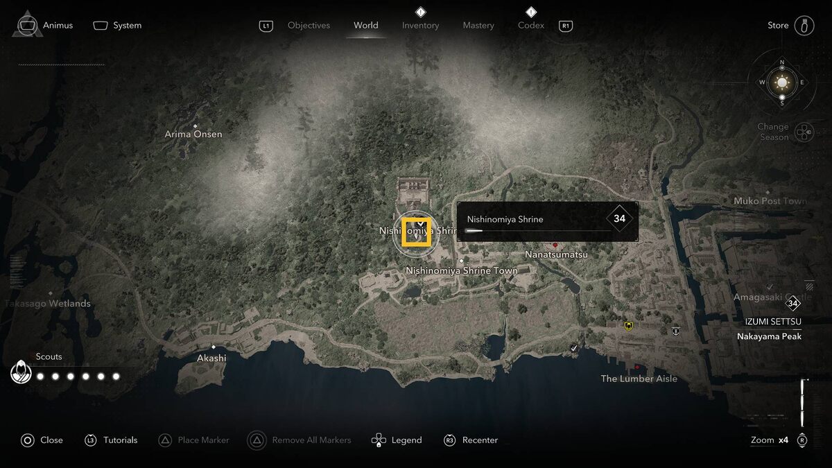 Assassin's Creed Shadows Nishinomiya Shrine: shrine location on the map.