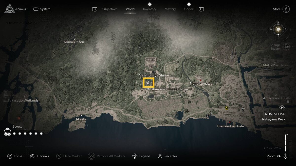Assassin's Creed Shadows Nishinomiya Shrine: shrine location on the map.