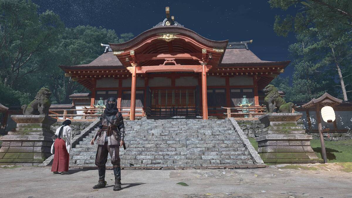 Assassin's Creed Shadows Nishinomiya Shrine: Naoe in front of a shrine.