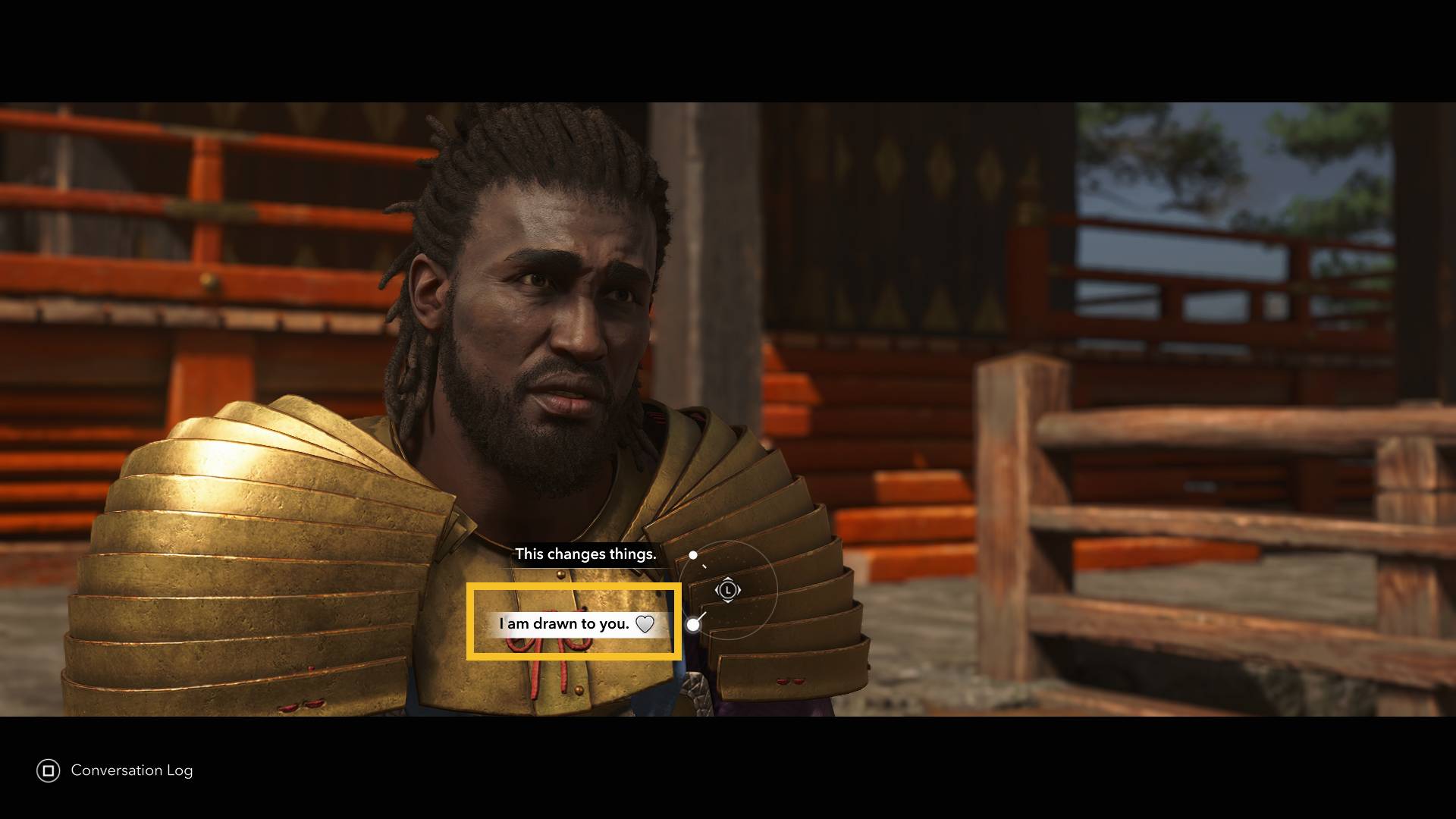 Assassin's Creed Shadows romance options: Lady Oichi dialogue options.