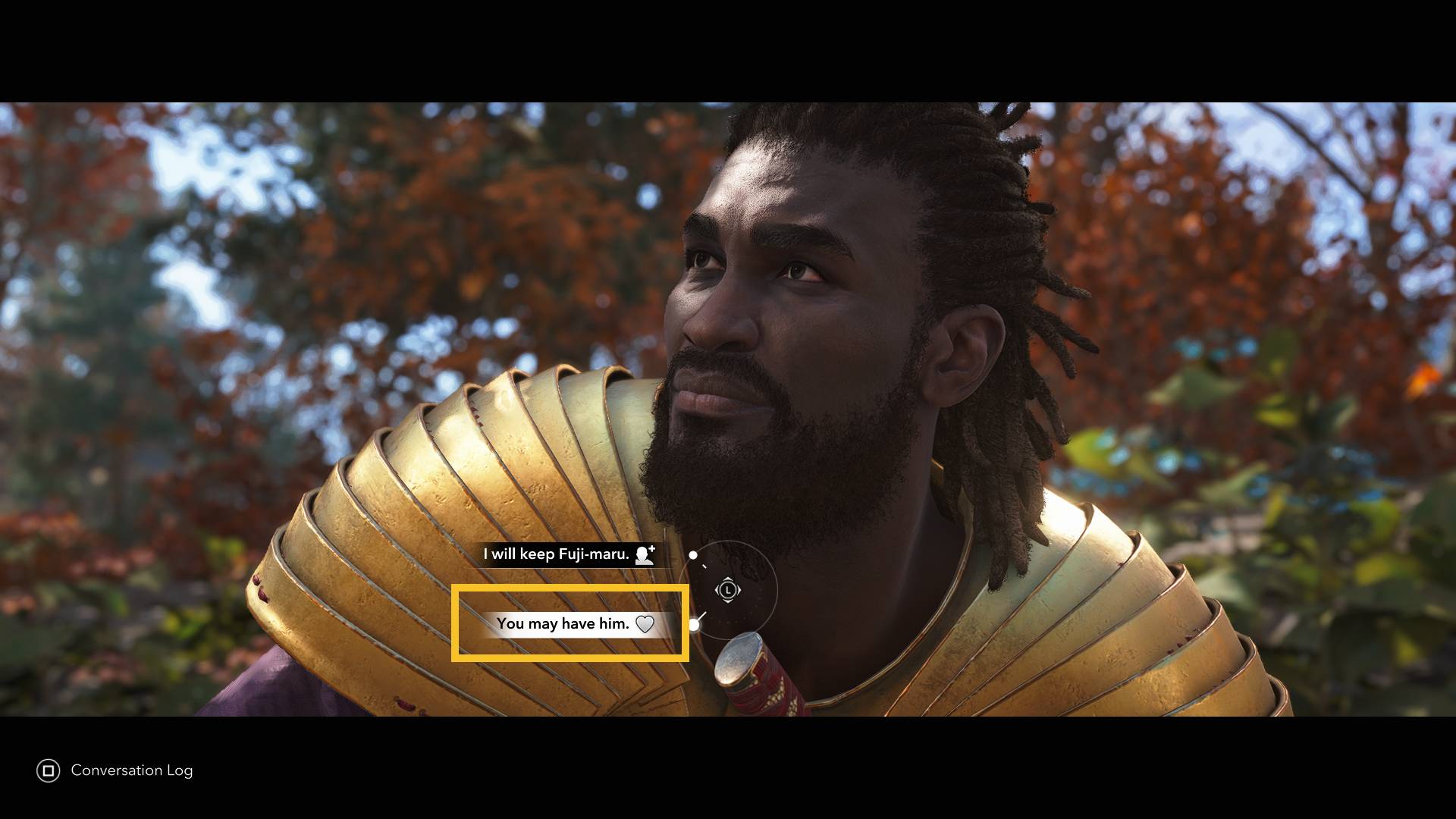 Assassin's Creed Shadows romance options: Lady Oichi dialogue options.