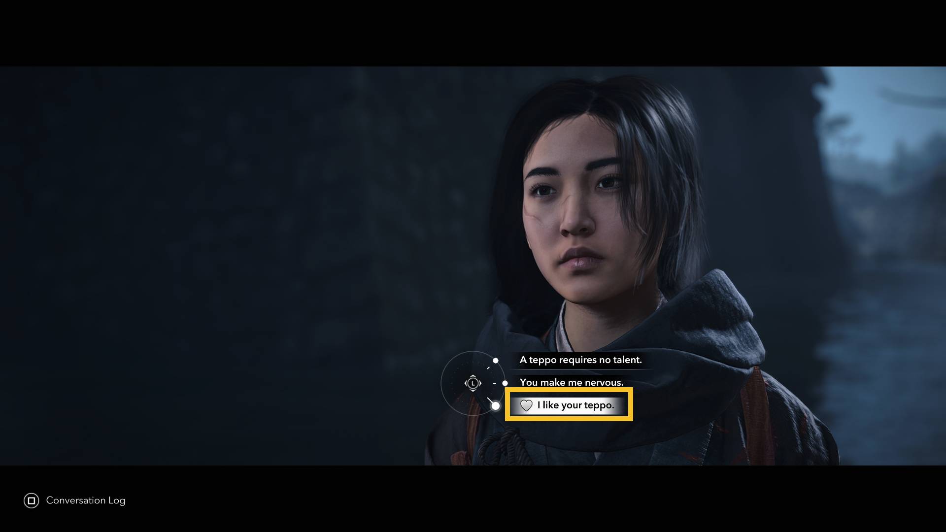 Assassin's Creed Shadows romance options Katsuhime: Naoe dialogue choice.