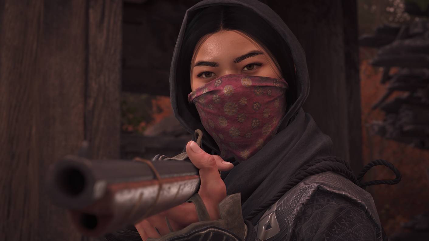 Assassin's Creed Shadows romance options Katsuhime: Katsuhime holding a teppo.