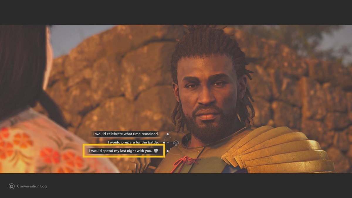 Assassin's Creed Shadows romance options: Lady Oichi romance dialogue options.