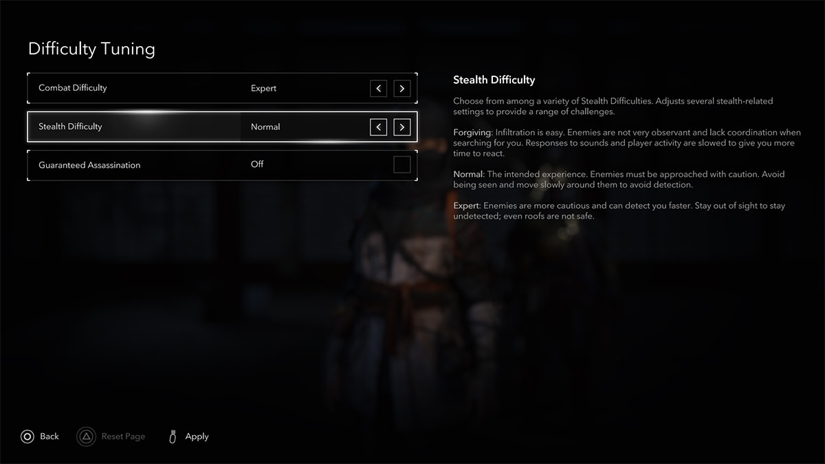 Image of the Stealth difficulty settings in Assassin's Creed Shadows.