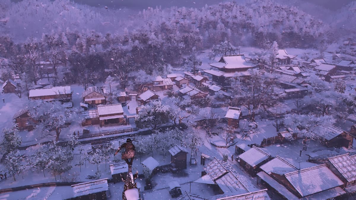Image of Naoe overlooking a snow-covered town in Assassin's Creed Shadows.