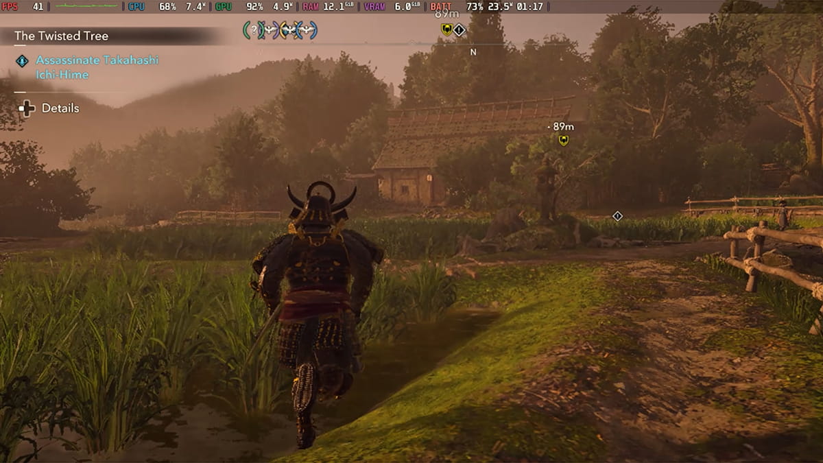 Screenshot from Assassin's Creed Shadows on Steam Deck with the FSR option turned On.