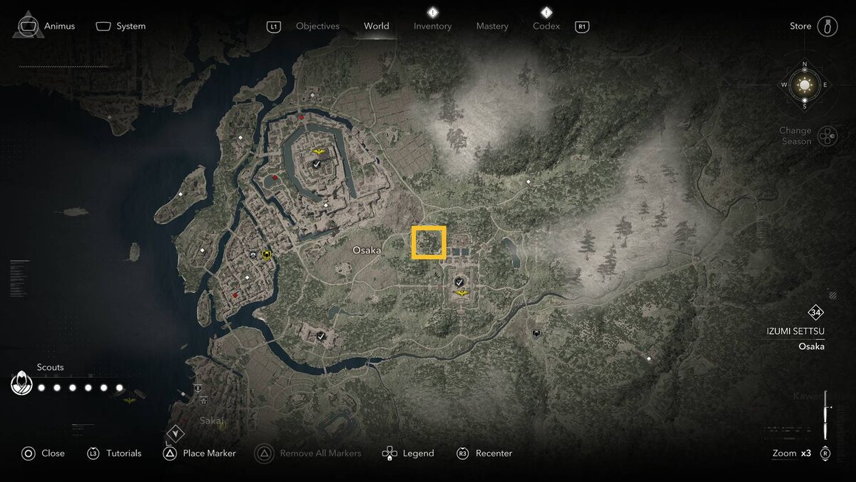 Assassin's Creed Shadows Thrown to the Dogs: Tennoji Temple on the map.