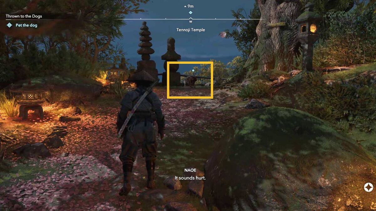 Assassin's Creed Shadows Thrown to the Dogs: Naoe and a dog.