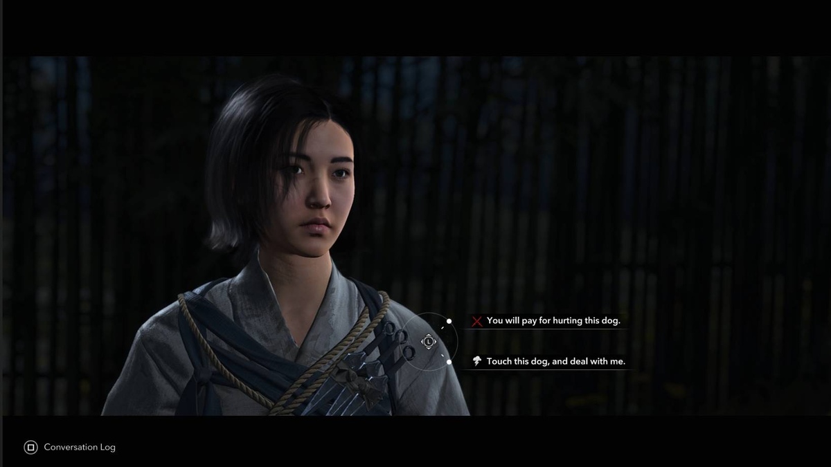 Assassin's Creed Shadows Thrown to the Dogs: dialogue options.