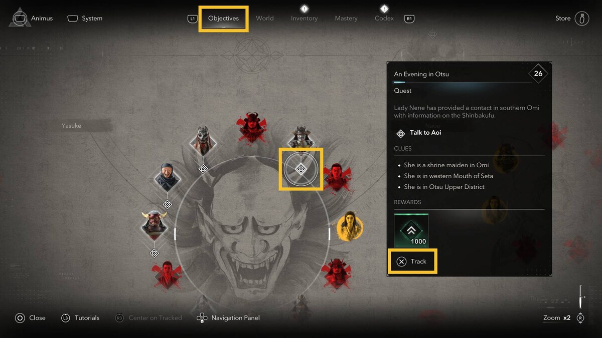 Assassin's Creed Shadows track quests: Objective Board.
