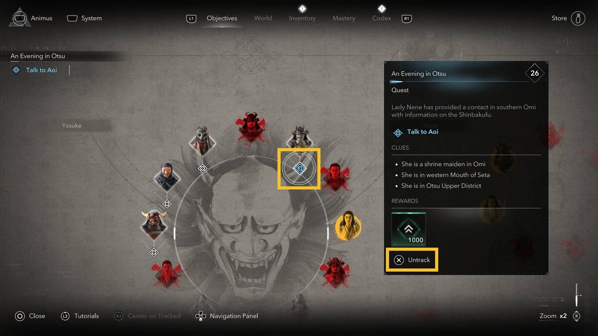 Assassin's Creed Shadows track quests: Objective Board.