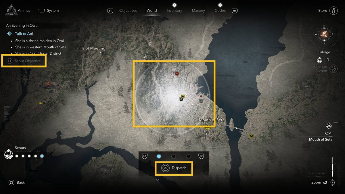 Assassin's Creed Shadows track quests: world map screen.