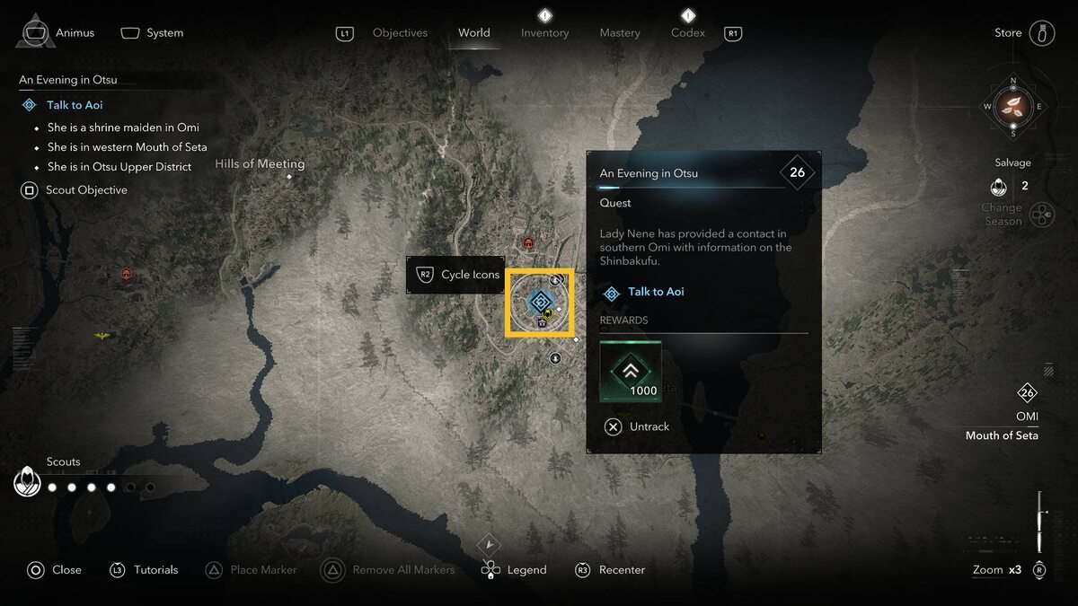 Assassin's Creed Shadows track quests: world map screen.