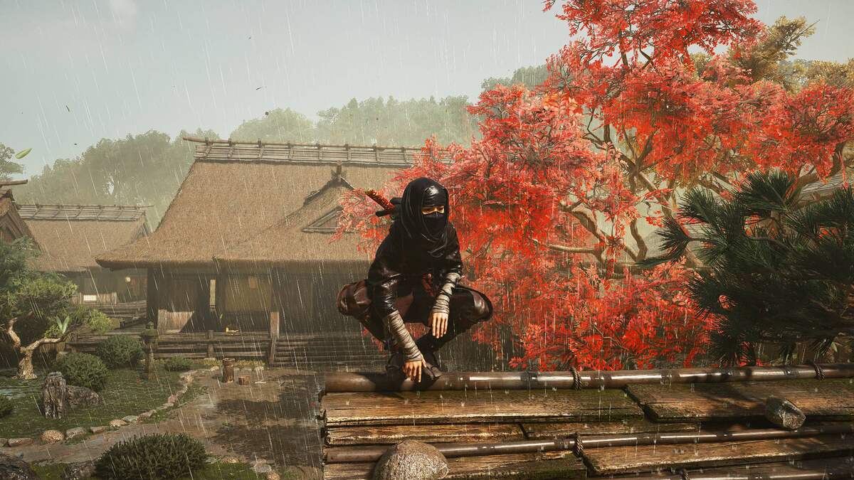 Assassin's Creed Shadows track quests: Naoe at the Hideout near a red-leafed tree.
