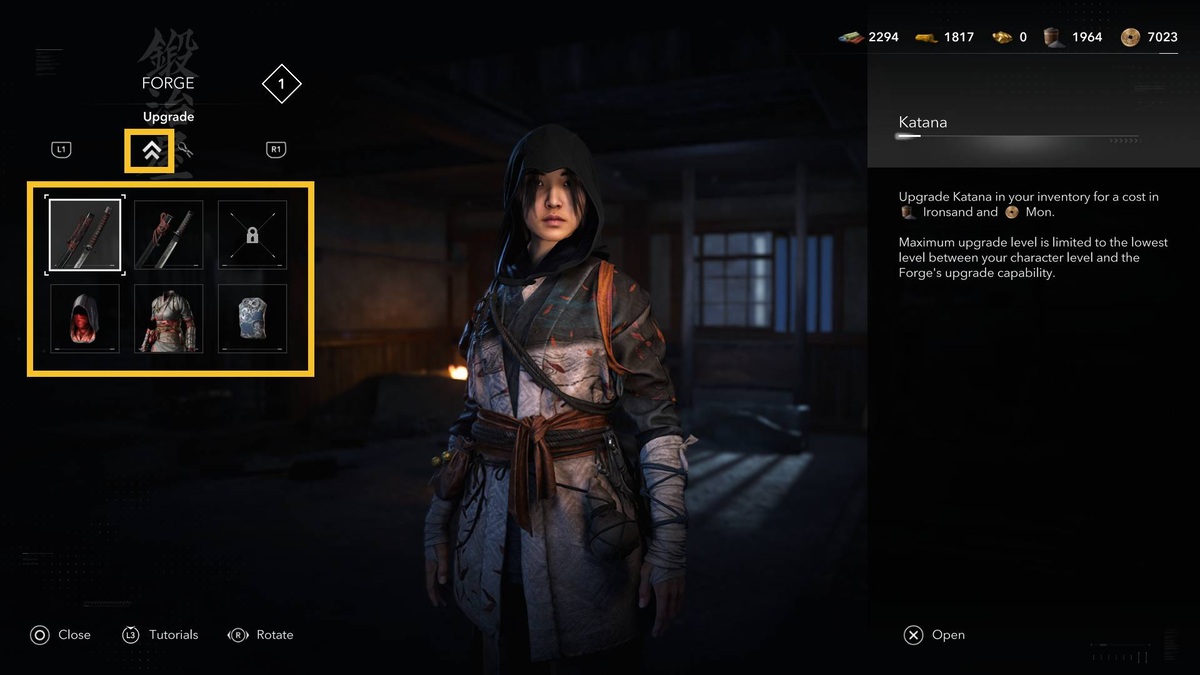 Assassin's Creed Shadows upgrade engrave weapons armor: upgrade menu.