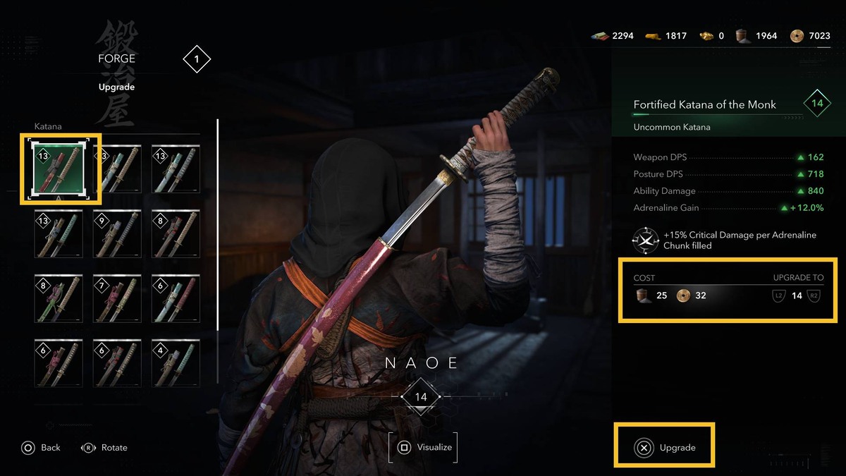 Assassin's Creed Shadows upgrade engrave weapons armor: upgrade menu.