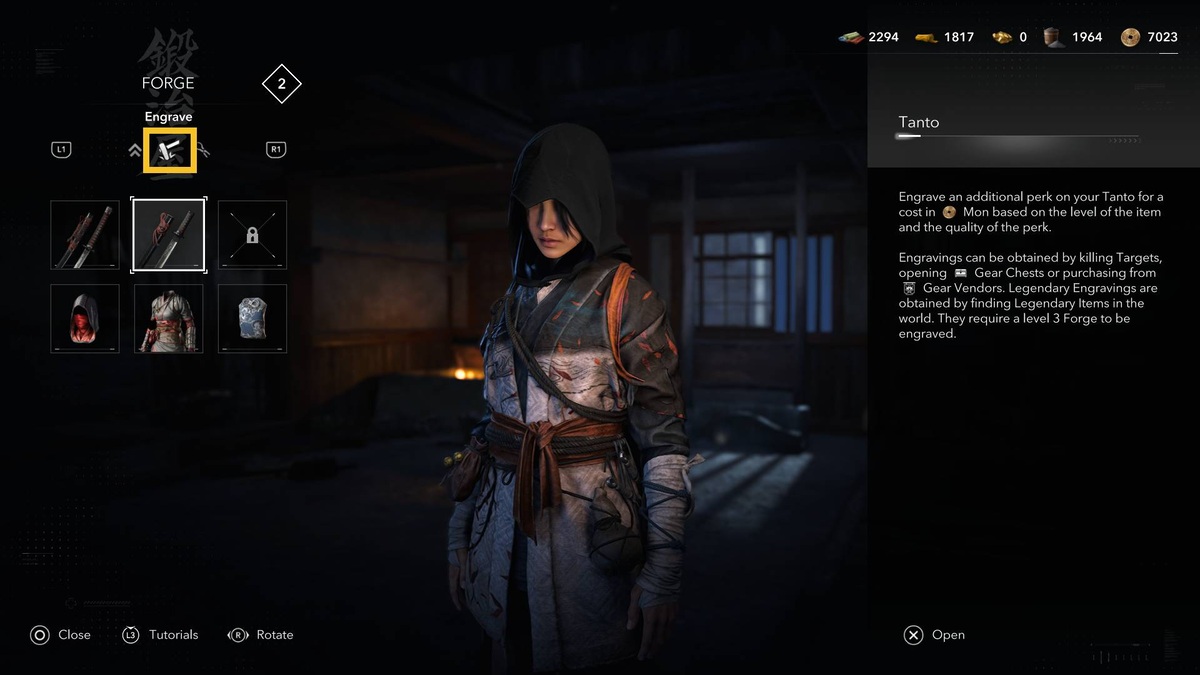 Assassin's Creed Shadows upgrade engrave weapons armor: engrave menu.
