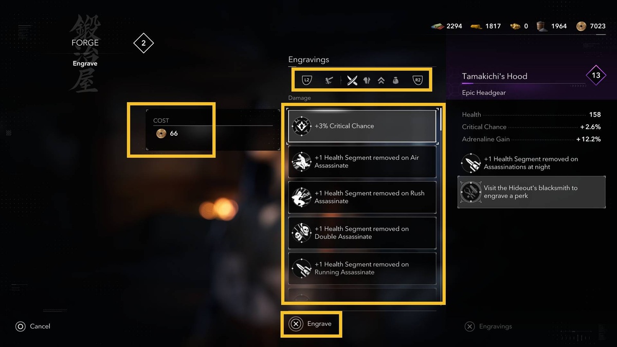 Assassin's Creed Shadows upgrade engrave weapons armor: engrave menu.