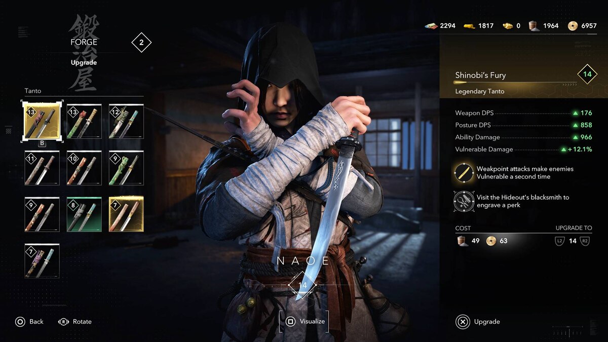 Assassin's Creed Shadows upgrade engrave weapons armor: upgrade menu.