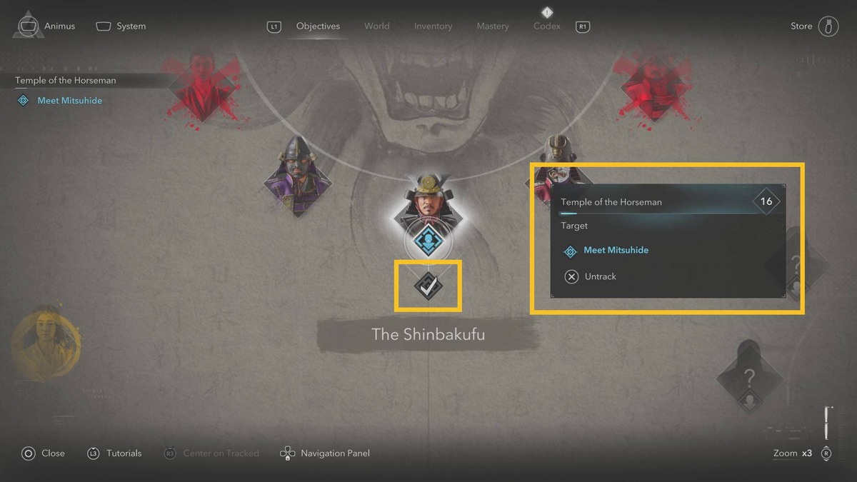 Assassin's Creed Shadows Yasuke: objective board.