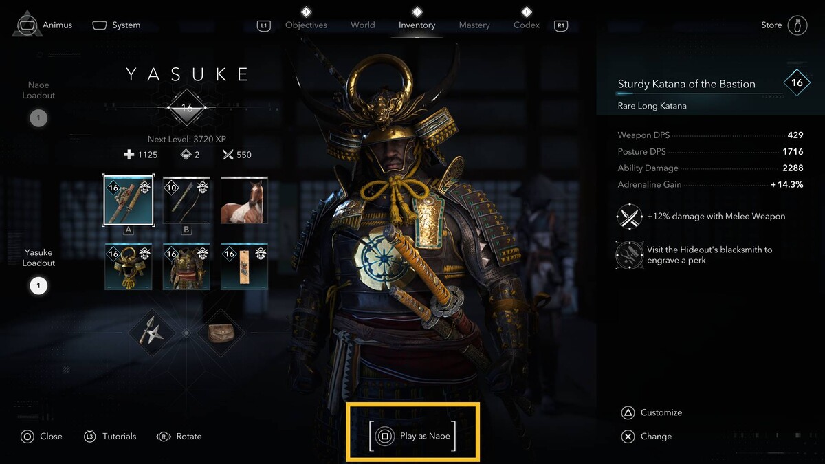 Assassin's Creed Shadows Yasuke: inventory menu.