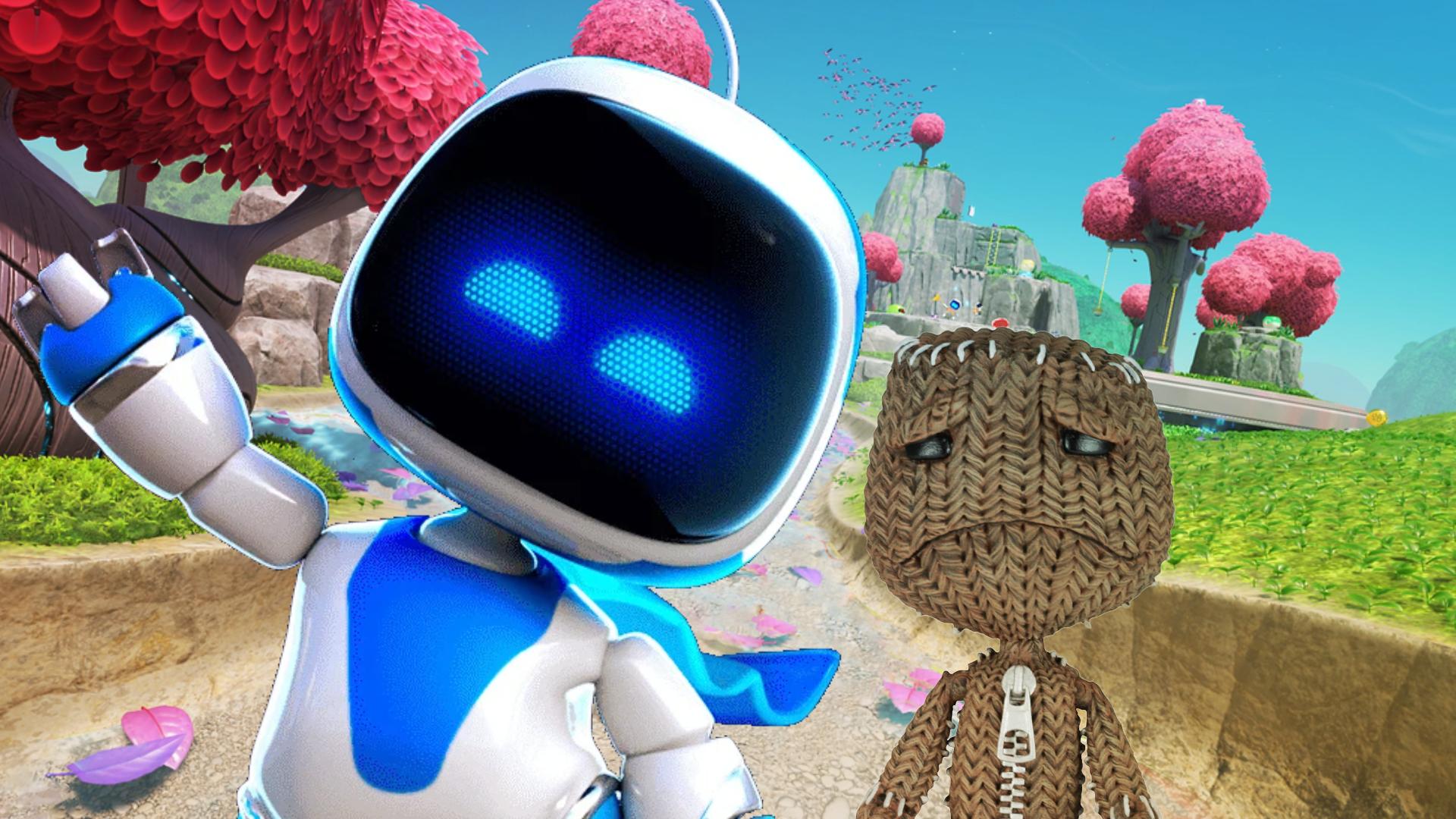 Astro Bot next to Little Big Planet sackboy frowning