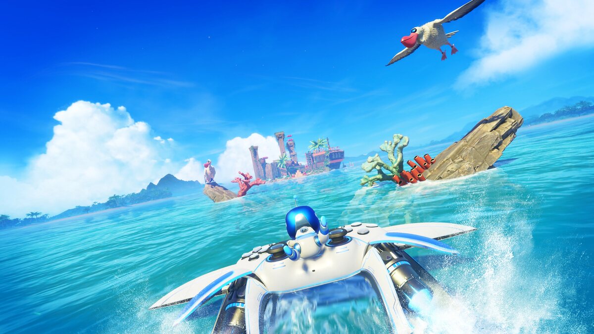 Astro Bot: Astro riding a PS5 controller.