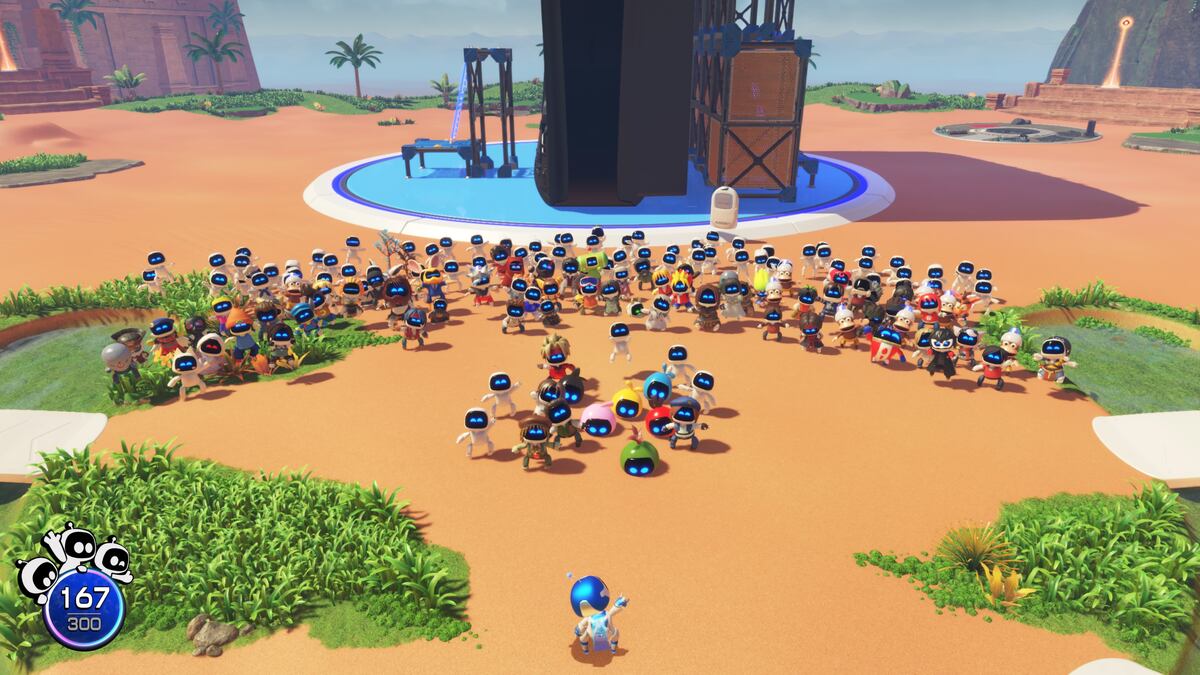 Astro Bot review: Astro surrounded by bots.