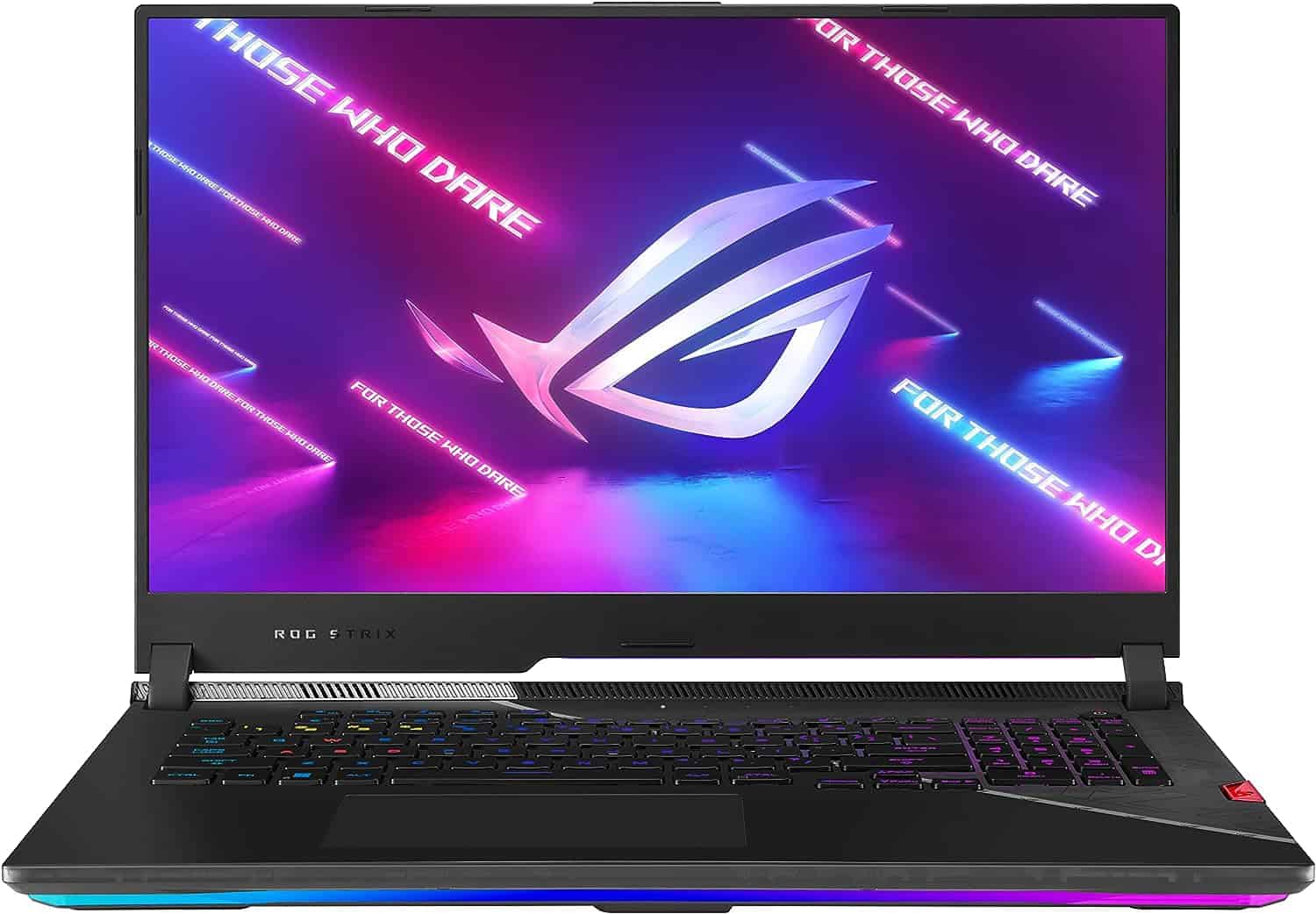 The ASUS ROG Strix Scar 17 laptop is open.