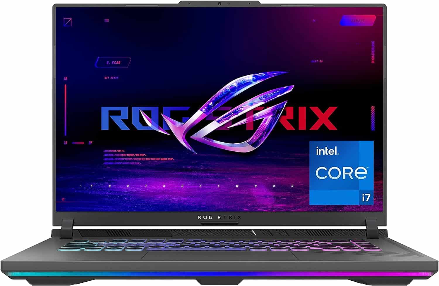 The ASUS ROG Strix G16 gaming laptop is open on a white background.