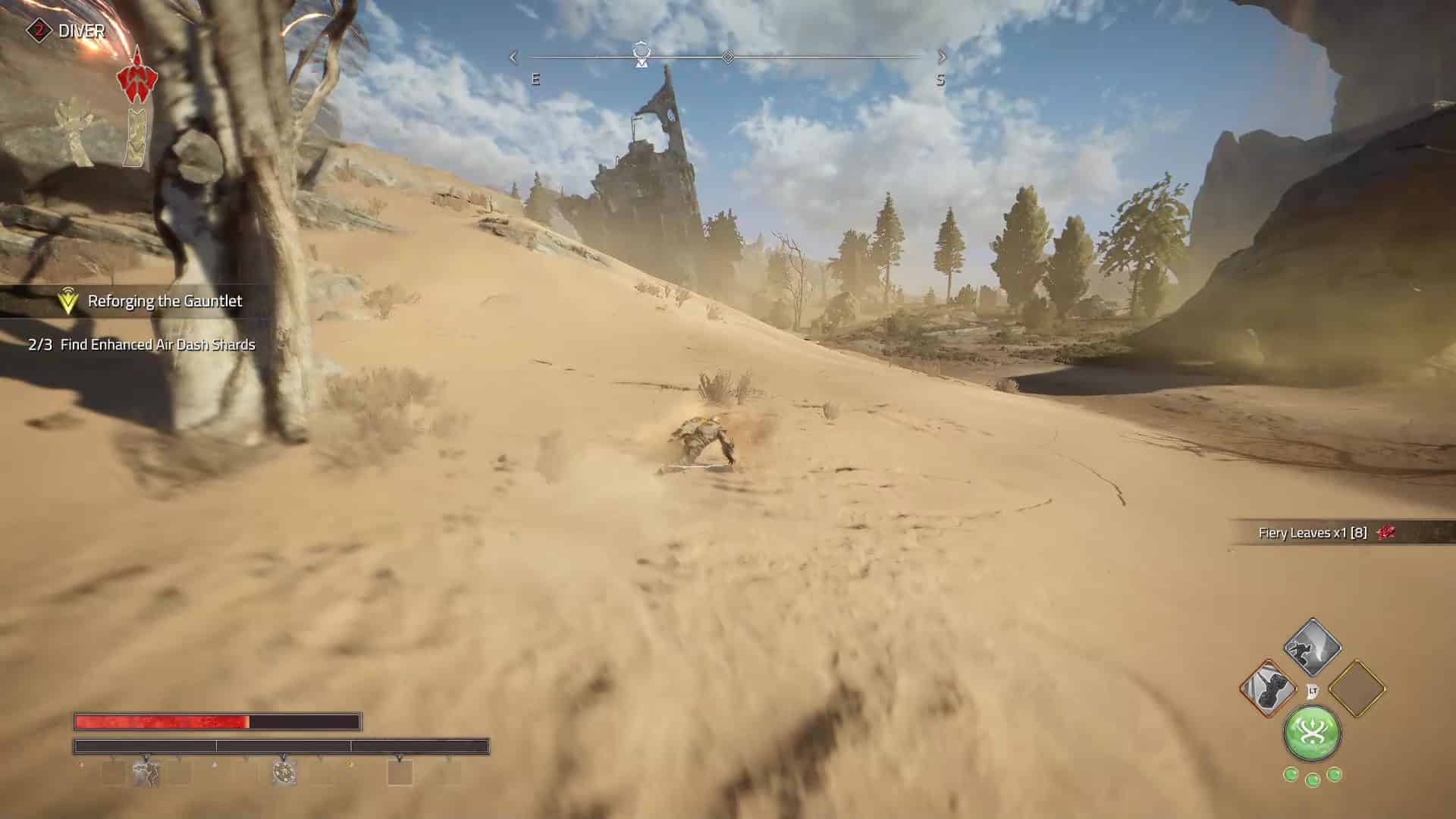 Atlas Fallen multiplayer: The player surfing on the sand in a desert area.